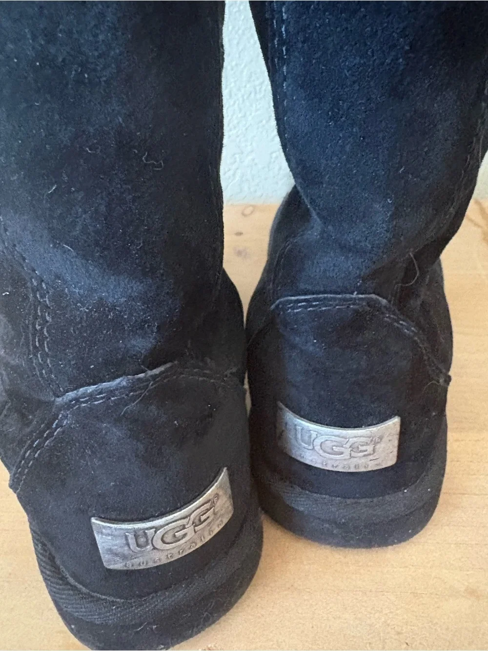 UGG Black Suede Mid-Calf Boots with Metallic Logo